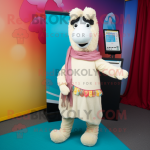Cream Llama mascot costume character dressed with a Capri Pants and Scarf clips