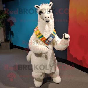 Cream Llama mascot costume character dressed with a Capri Pants and Scarf clips