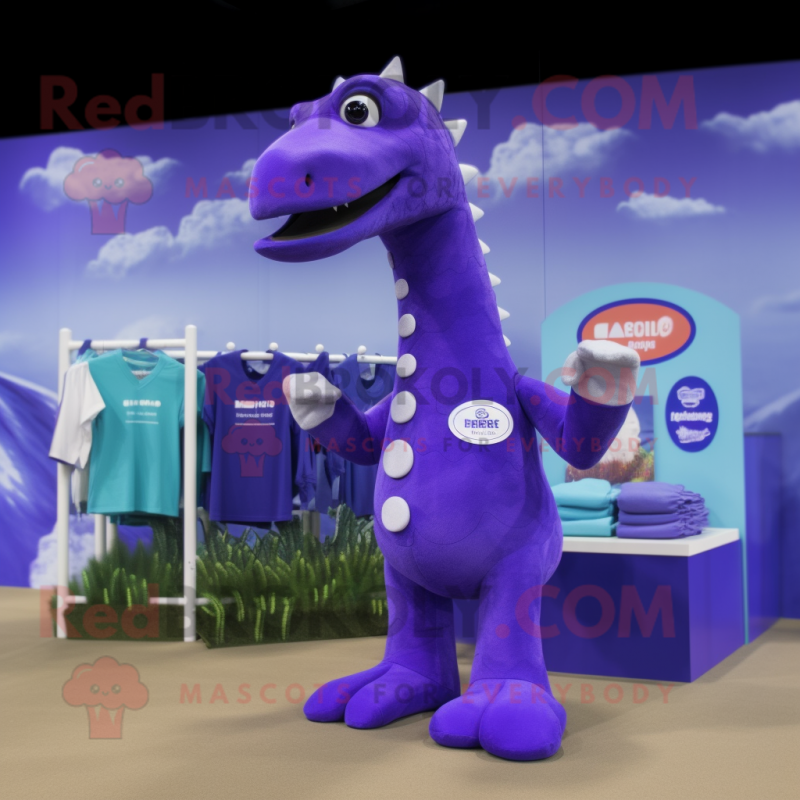 Purple Diplodocus mascot costume character dressed with a Swimwear and Cufflinks Purple Diplodocus mascot costume character dressed with a Swimwear and Cufflinks