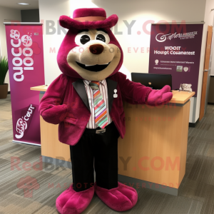 Magenta Attorney mascot costume character dressed with a Corduroy Pants and Necklaces
