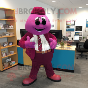 Magenta Attorney mascot costume character dressed with a Corduroy Pants and Necklaces