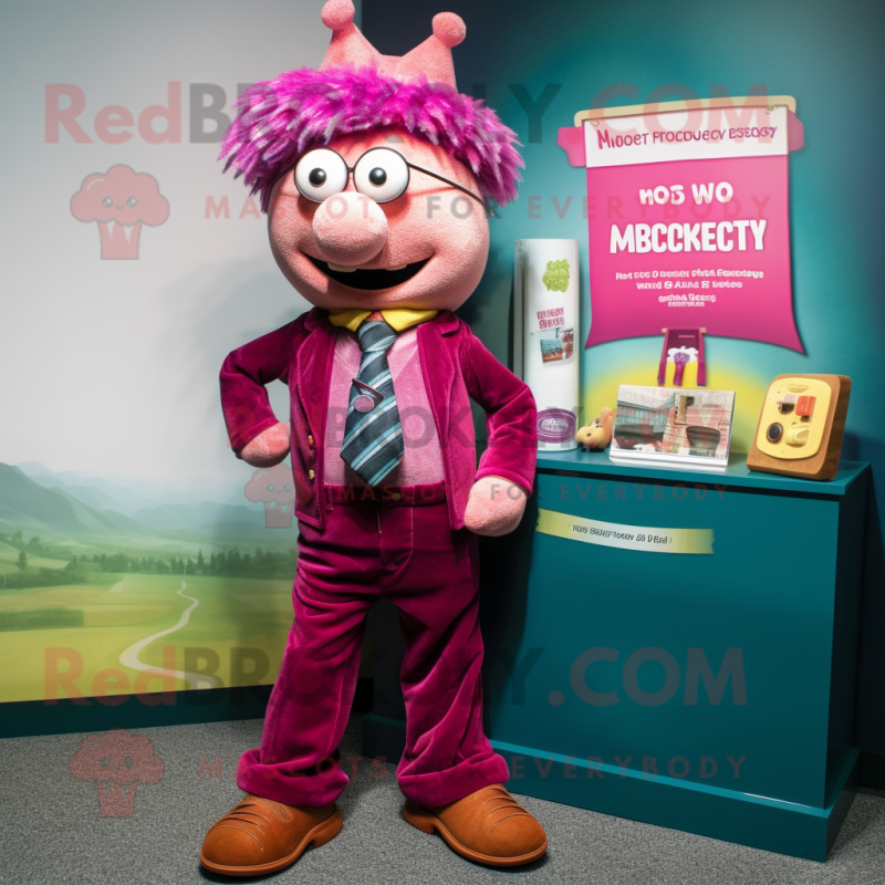 Magenta Attorney mascot costume character dressed with a Corduroy Pants and Necklaces
