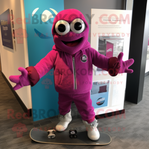 Magenta Skateboard mascot costume character dressed with a Bomber Jacket and Scarves