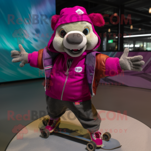 Magenta Skateboard mascot costume character dressed with a Bomber Jacket and Scarves