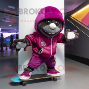 Magenta Skateboard mascot costume character dressed with a Bomber Jacket and Scarves