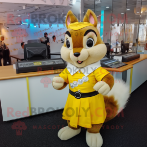 Yellow Squirrel mascot costume character dressed with a Midi Dress and Cufflinks