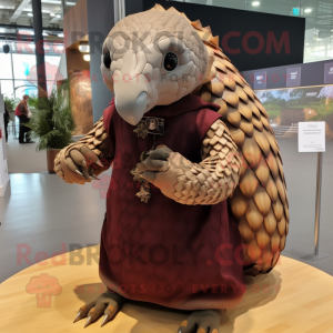 Brown Pangolin mascot costume character dressed with a Shift Dress and Shawl pins