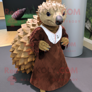 Brown Pangolin mascot costume character dressed with a Shift Dress and Shawl pins