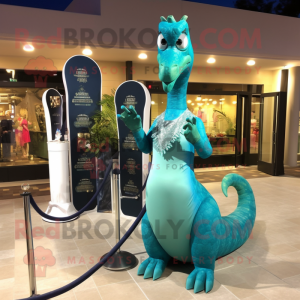 Teal Brachiosaurus mascot costume character dressed with a Evening Gown and Keychains