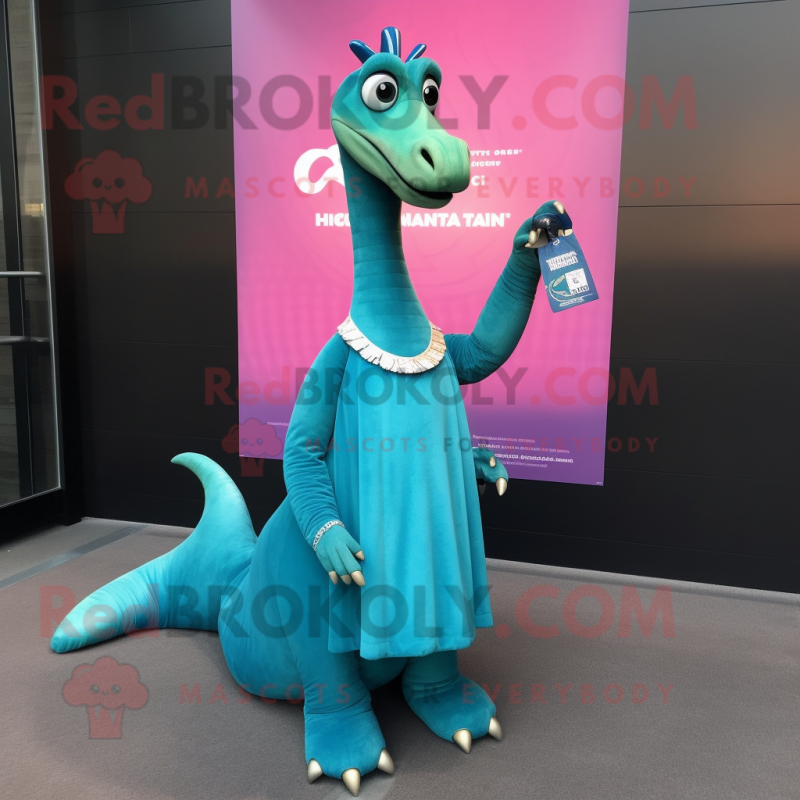 Teal Brachiosaurus mascot costume character dressed with a Evening Gown and Keychains