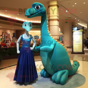 Teal Brachiosaurus mascot costume character dressed with a Evening Gown and Keychains
