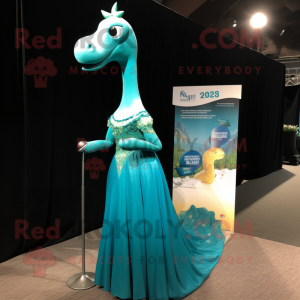 Teal Brachiosaurus mascot costume character dressed with a Evening Gown and Keychains