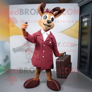 Maroon Gazelle mascot costume character dressed with a Raincoat and Briefcases