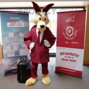 Maroon Gazelle mascot costume character dressed with a Raincoat and Briefcases