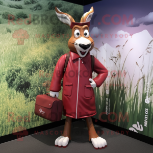 Maroon Gazelle mascot costume character dressed with a Raincoat and Briefcases