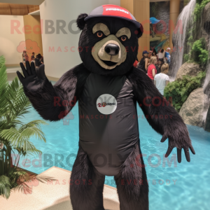 Black Sloth Bear mascot costume character dressed with a One-Piece Swimsuit and Berets