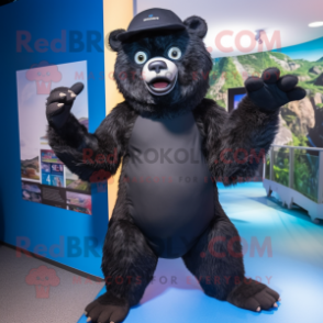 Black Sloth Bear mascot costume character dressed with a One-Piece Swimsuit and Berets