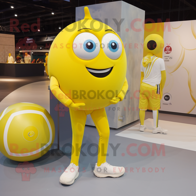 Lemon Yellow Handball Ball mascot costume character dressed with a Jeggings and Smartwatches Lemon Yellow Handball Ball mascot costume character dressed with a Jeggings and Smartwatches