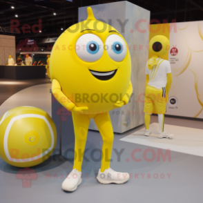 Lemon Yellow Handball Ball mascot costume character dressed with a Jeggings and Smartwatches