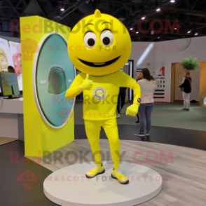 Lemon Yellow Handball Ball mascot costume character dressed with a Jeggings and Smartwatches