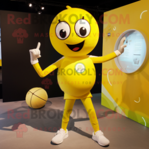 Lemon Yellow Handball Ball mascot costume character dressed with a Jeggings and Smartwatches