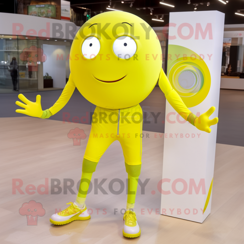 Lemon Yellow Handball Ball mascot costume character dressed with a Jeggings and Smartwatches Lemon Yellow Handball Ball mascot costume character dressed with a Jeggings and Smartwatches