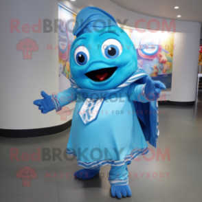 Blue Ceviche mascot costume character dressed with a Wrap Skirt and Gloves