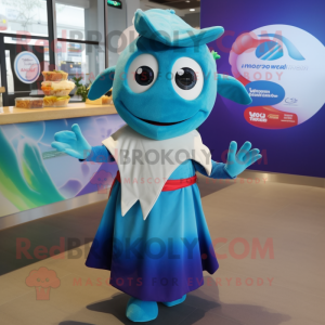 Blue Ceviche mascot costume character dressed with a Wrap Skirt and Gloves