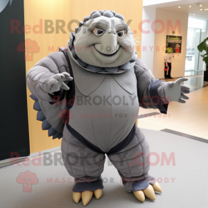 Gray Glyptodon mascot costume character dressed with a Dress Pants and Foot pads