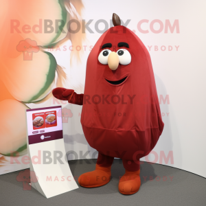 Maroon Apricot mascot costume character dressed with a Sheath Dress and Clutch bags