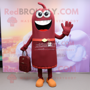 Maroon Apricot mascot costume character dressed with a Sheath Dress and Clutch bags