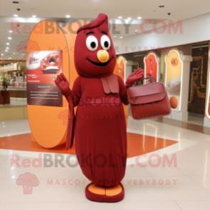 Maroon Apricot mascot costume character dressed with a Sheath Dress and Clutch bags