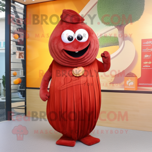 Maroon Apricot mascot costume character dressed with a Sheath Dress and Clutch bags
