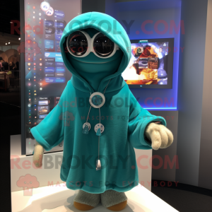 Teal Doctor mascot costume character dressed with a Sweatshirt and Shawl pins