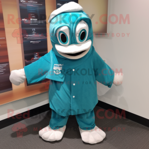 Teal Doctor mascot costume character dressed with a Sweatshirt and Shawl pins