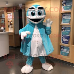 Teal Doctor mascot costume character dressed with a Sweatshirt and Shawl pins