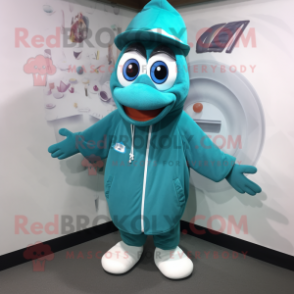 Teal Doctor mascot costume character dressed with a Sweatshirt and Shawl pins