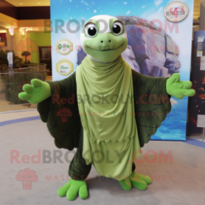 Olive Sea Turtle mascot costume character dressed with a Cover-up and Scarf clips