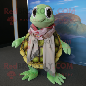 Olive Sea Turtle mascot costume character dressed with a Cover-up and Scarf clips