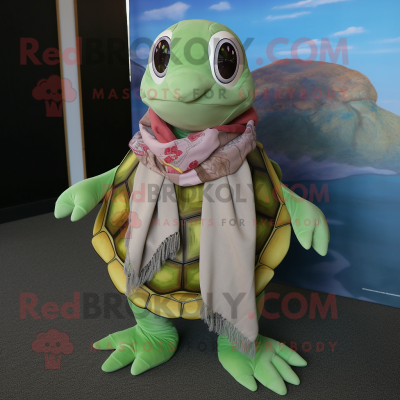 Olive Sea Turtle mascot costume character dressed with a Cover-up and Scarf clips Olive Sea Turtle mascot costume character dressed with a Cover-up and Scarf clips