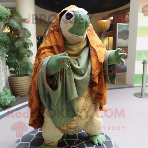 Olive Sea Turtle mascot costume character dressed with a Cover-up and Scarf clips