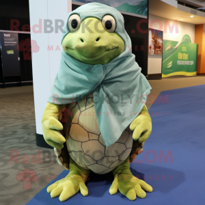 Olive Sea Turtle mascot costume character dressed with a Cover-up and Scarf clips