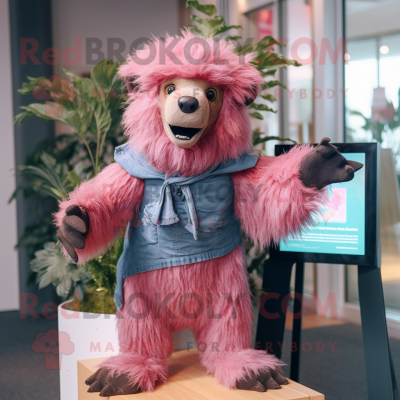 Pink Sloth Bear mascot costume character dressed with a Denim Shorts and Scarf clips Pink Sloth Bear mascot costume character dressed with a Denim Shorts and Scarf clips