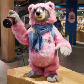 Pink Sloth Bear mascot costume character dressed with a Denim Shorts and Scarf clips