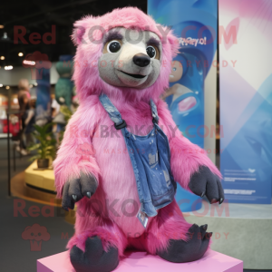Pink Sloth Bear mascot costume character dressed with a Denim Shorts and Scarf clips