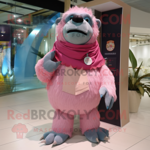 Pink Sloth Bear mascot costume character dressed with a Denim Shorts and Scarf clips