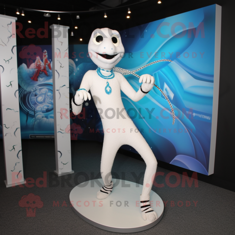 White Contortionist mascot costume character dressed with a Long Sleeve Tee and Necklaces