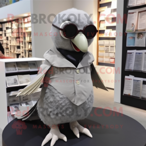 Gray Pigeon mascot costume character dressed with a Bodysuit and Reading glasses