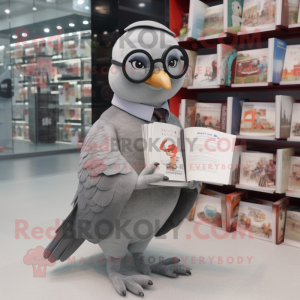 Gray Pigeon mascot costume character dressed with a Bodysuit and Reading glasses