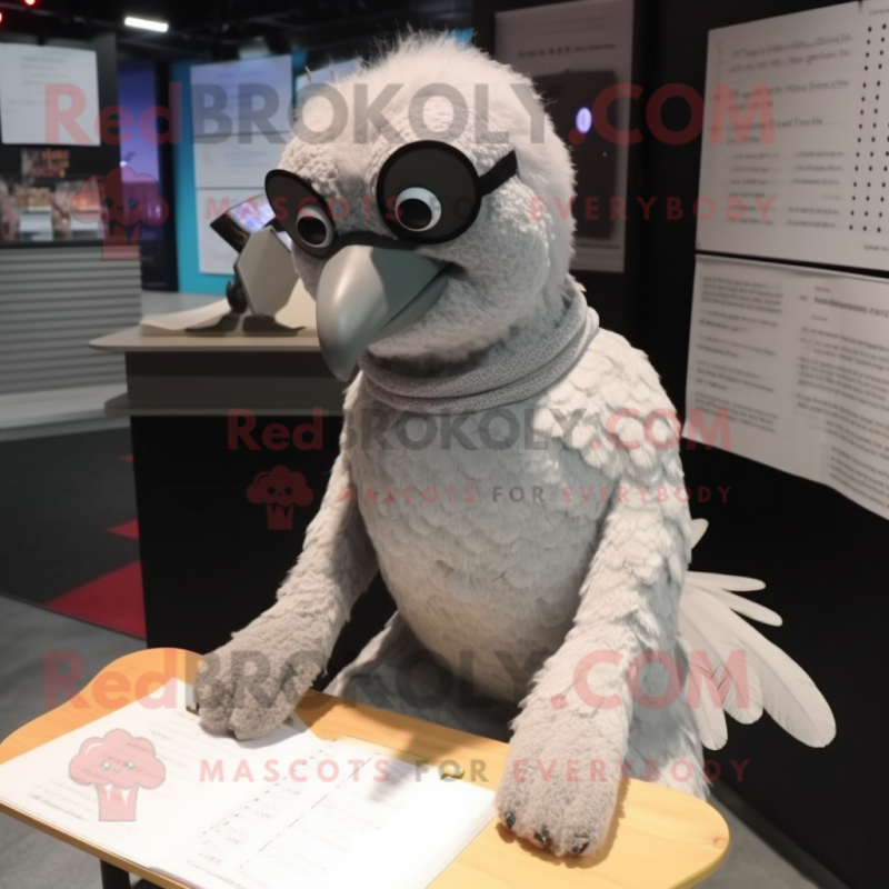 Gray Pigeon mascot costume character dressed with a Bodysuit and Reading glasses